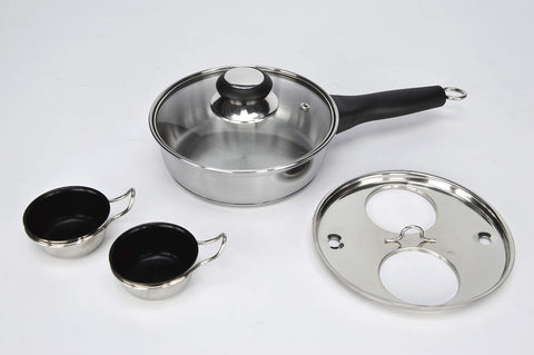 RUNZI pan in use on an induction cooktop with perfectly poached eggs for reliable results