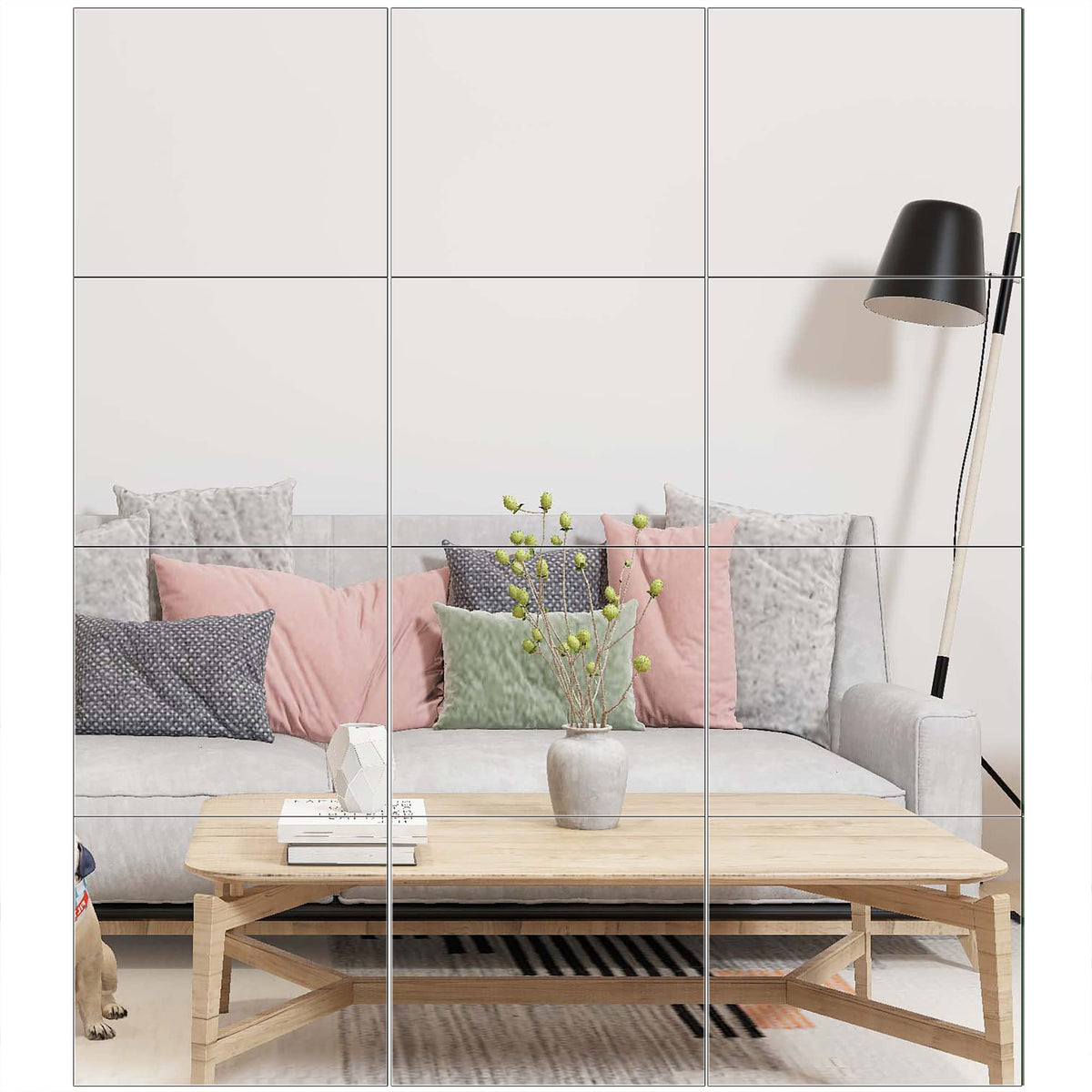 Ruomeng front view of 12 mirror tiles showing neat frameless design and clarity benefit