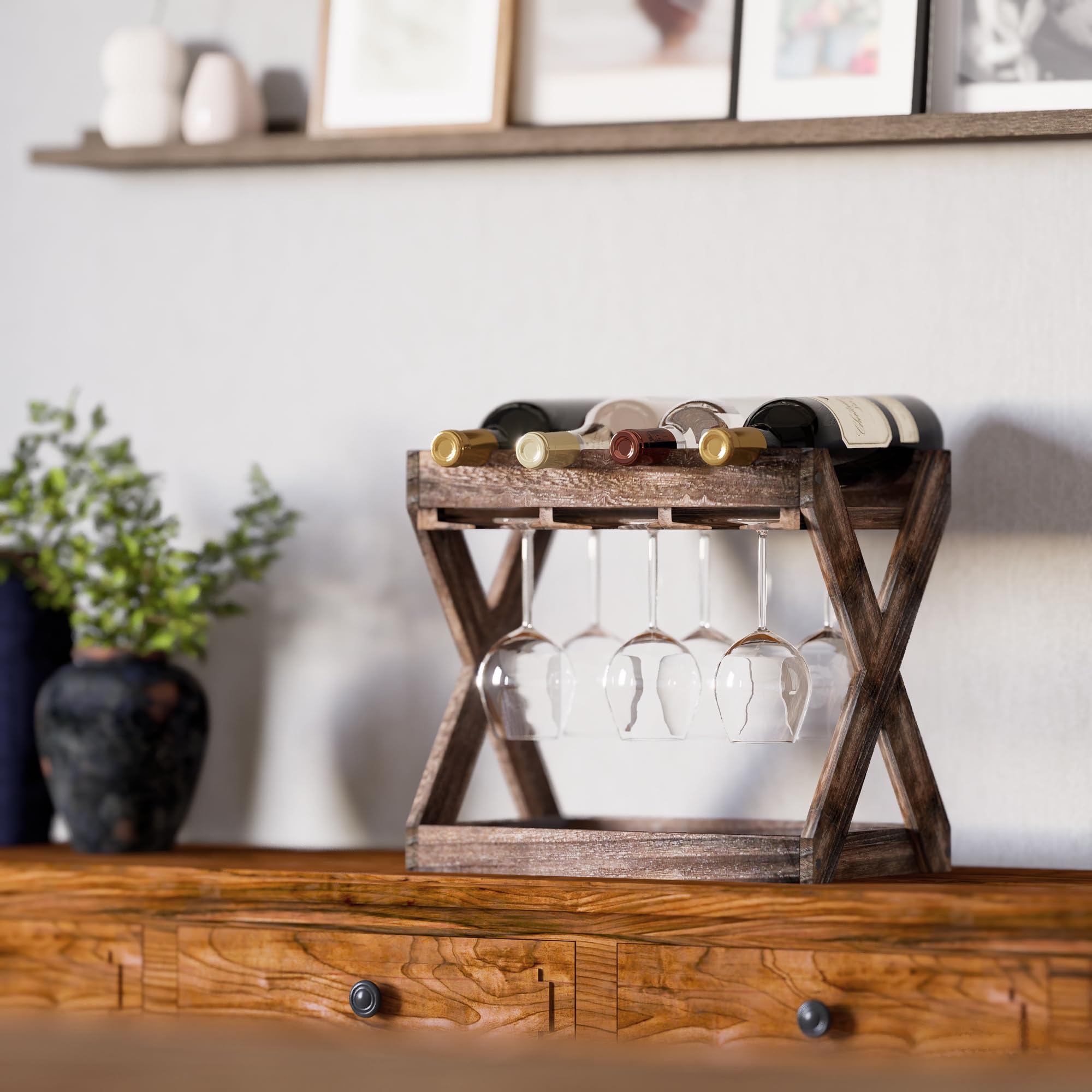 Rustic State rack holding four wine bottles and six stem glasses for quick serving