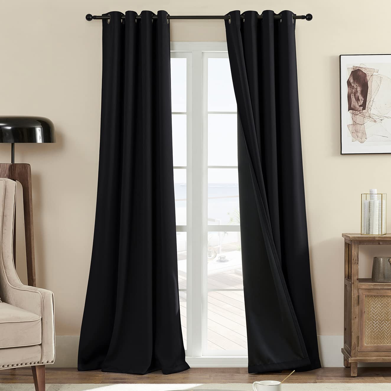 Rutterllow front view of both blackout curtain panels showing full coverage and neat hang