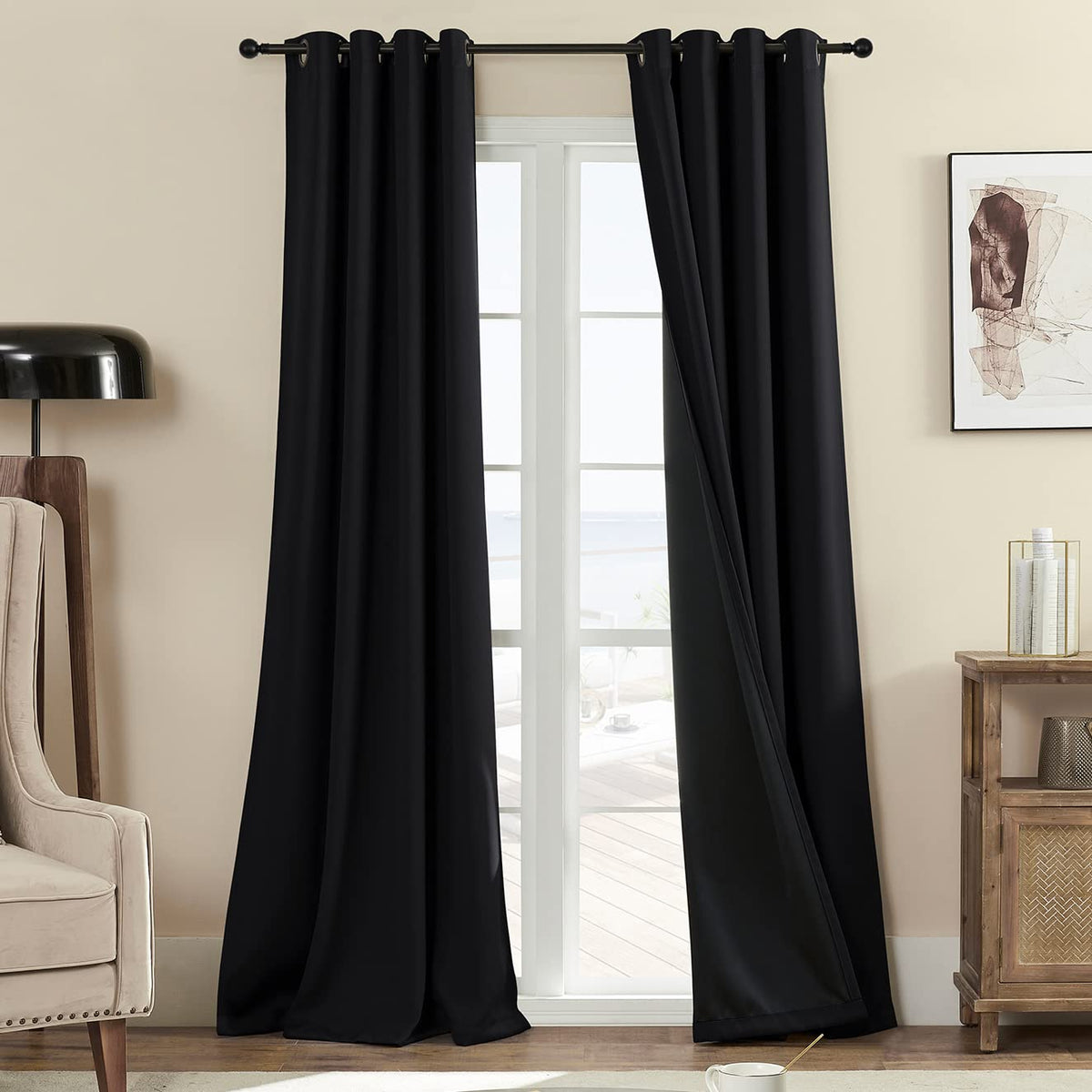 Rutterllow front view of both blackout curtain panels showing full coverage and neat hang