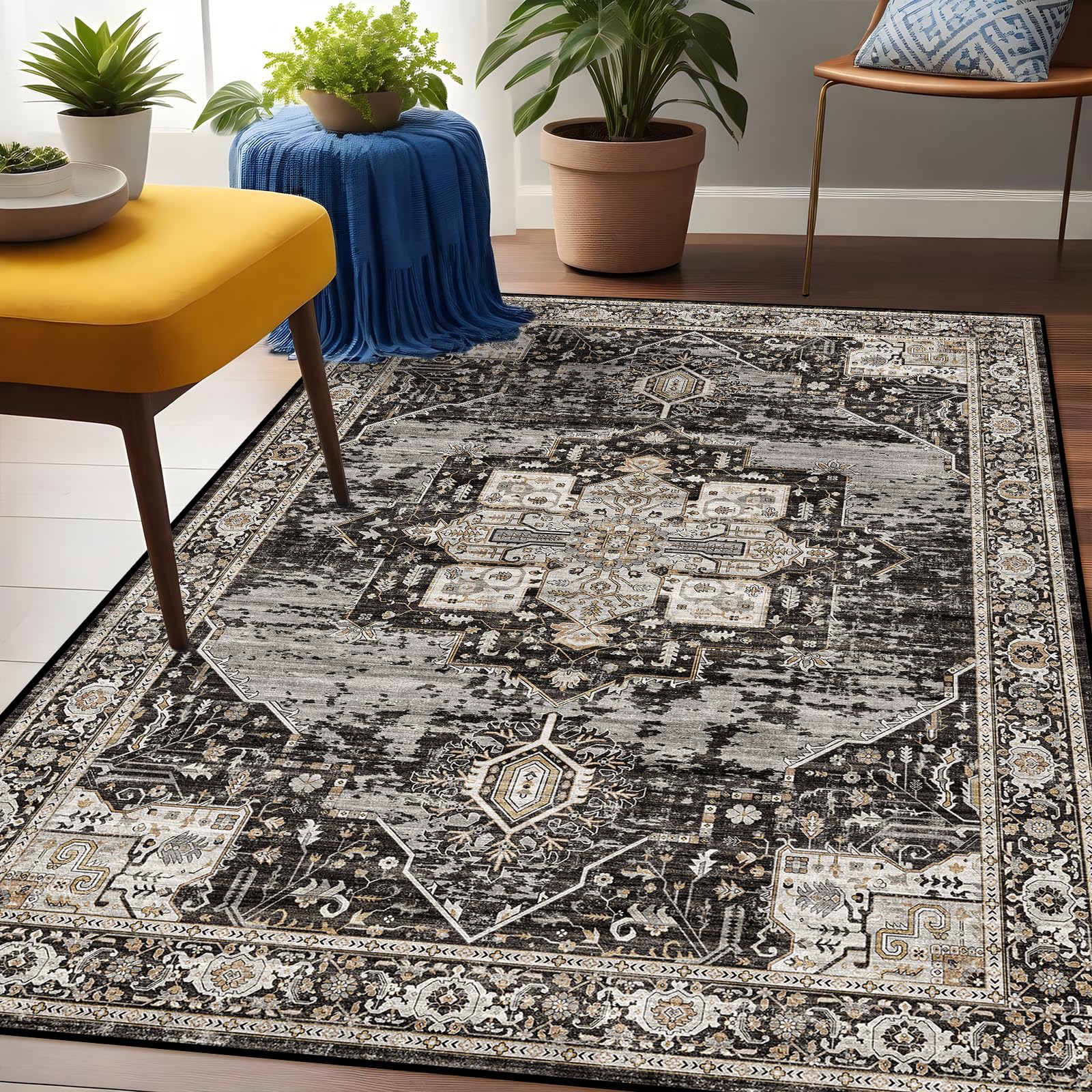 RUUGME front view of 3x5 black rug showing vintage design and welcoming look