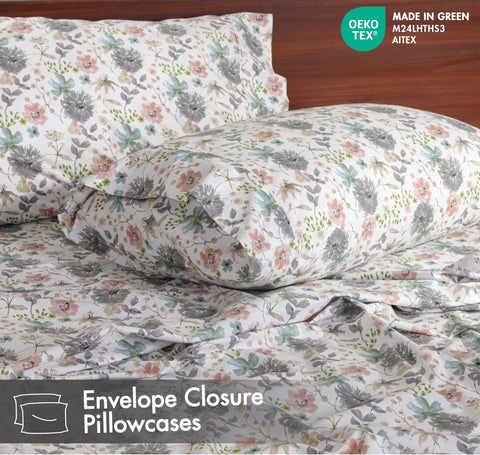 RUVANTI bed made with dandelion field sheets in a bedroom for styled comfort benefits