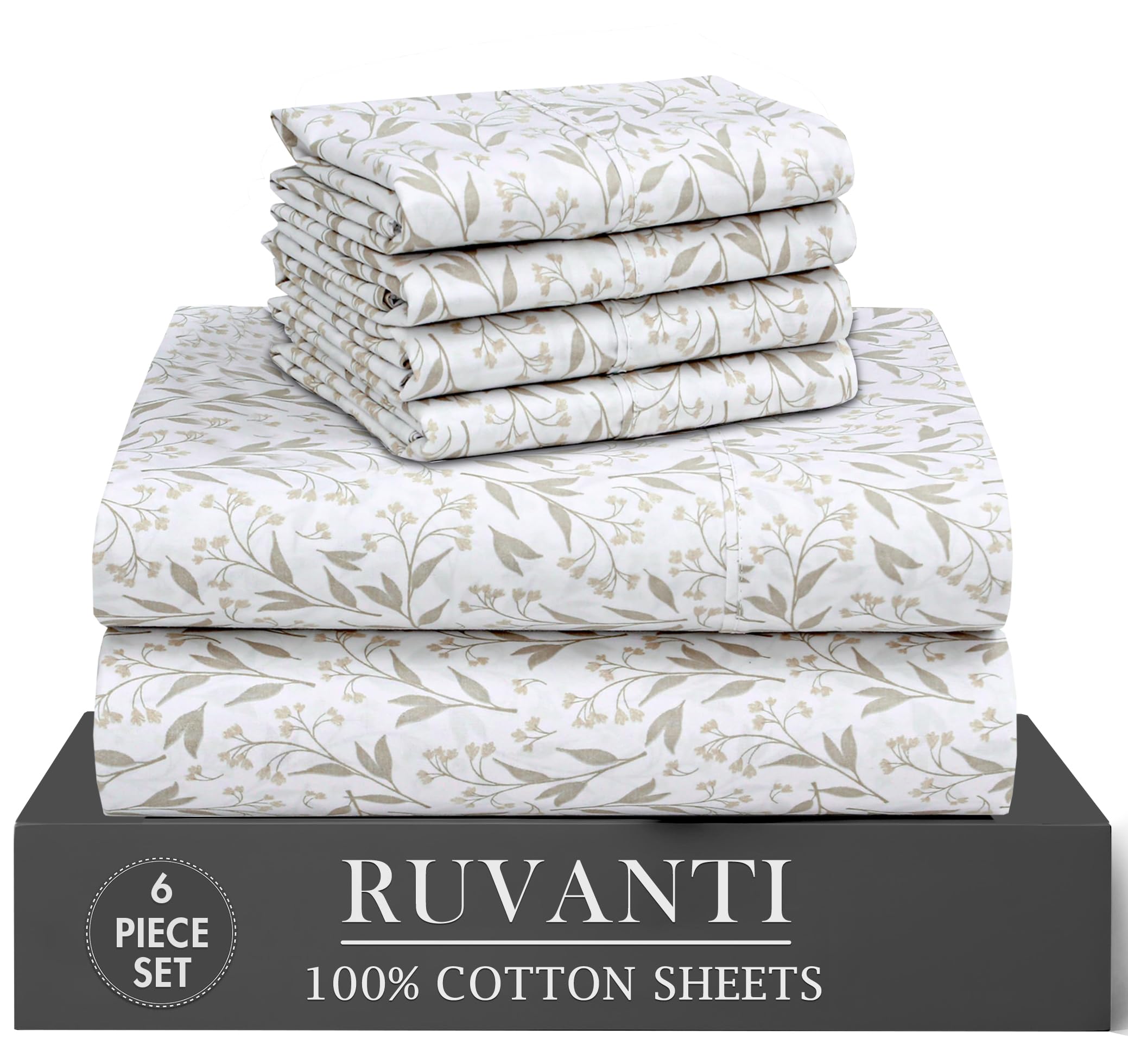 RUVANTI front packaging of queen percale sheets showing set contents and color