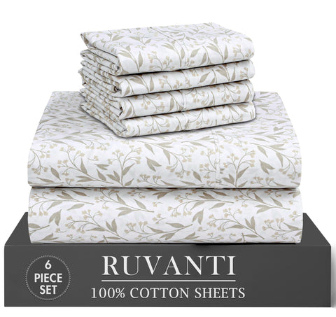 RUVANTI front packaging of queen percale sheets showing set contents and color