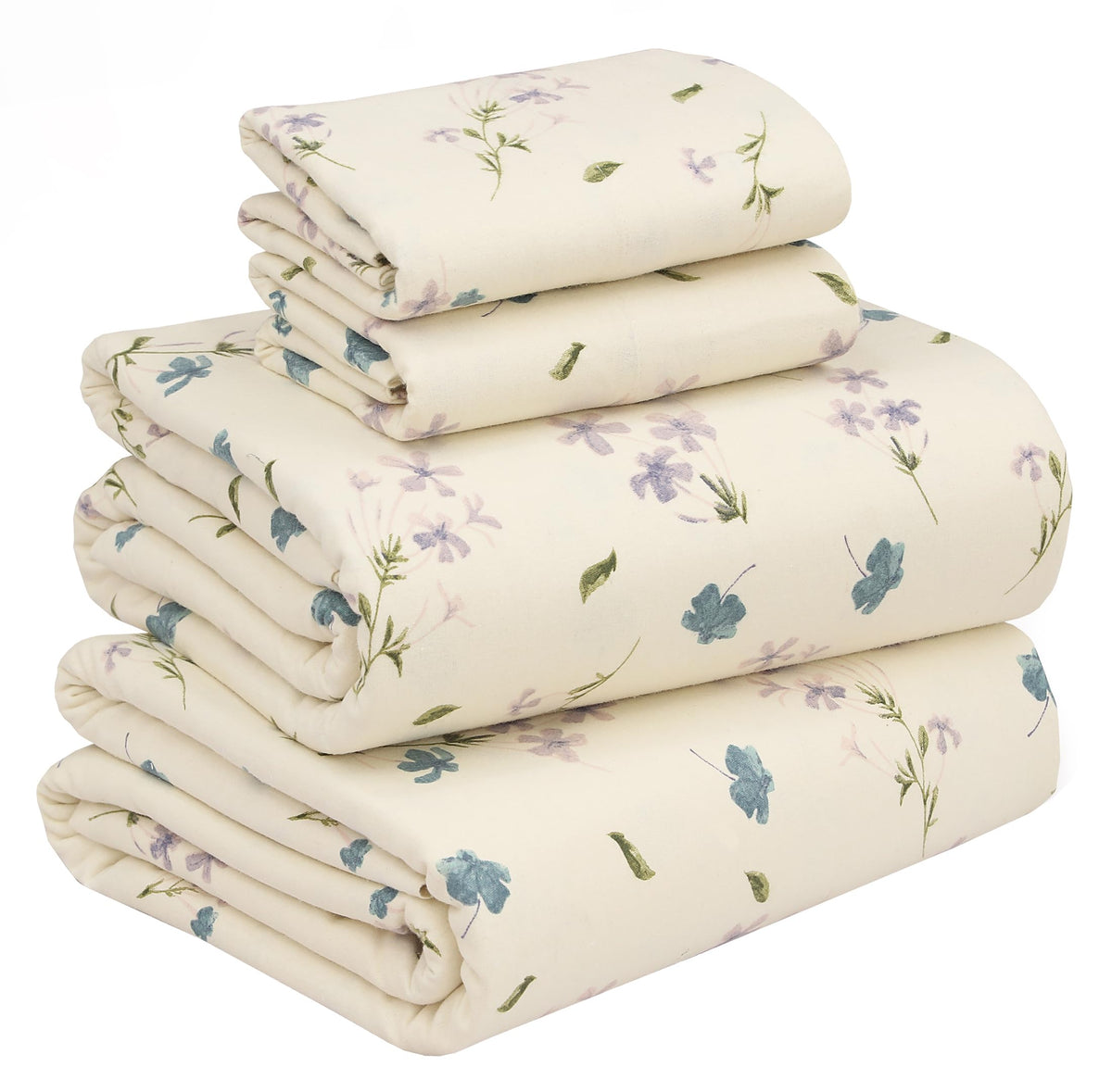 RUVANTI front view of king flannel sheet set package showing elegant jasmine cream