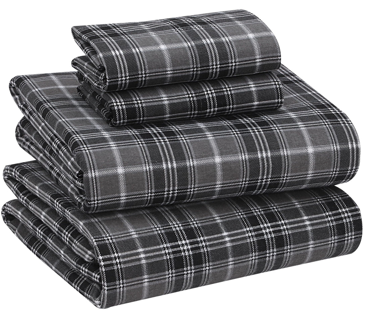 RUVANTI king sheet set front view showing grey plaid and cozy look