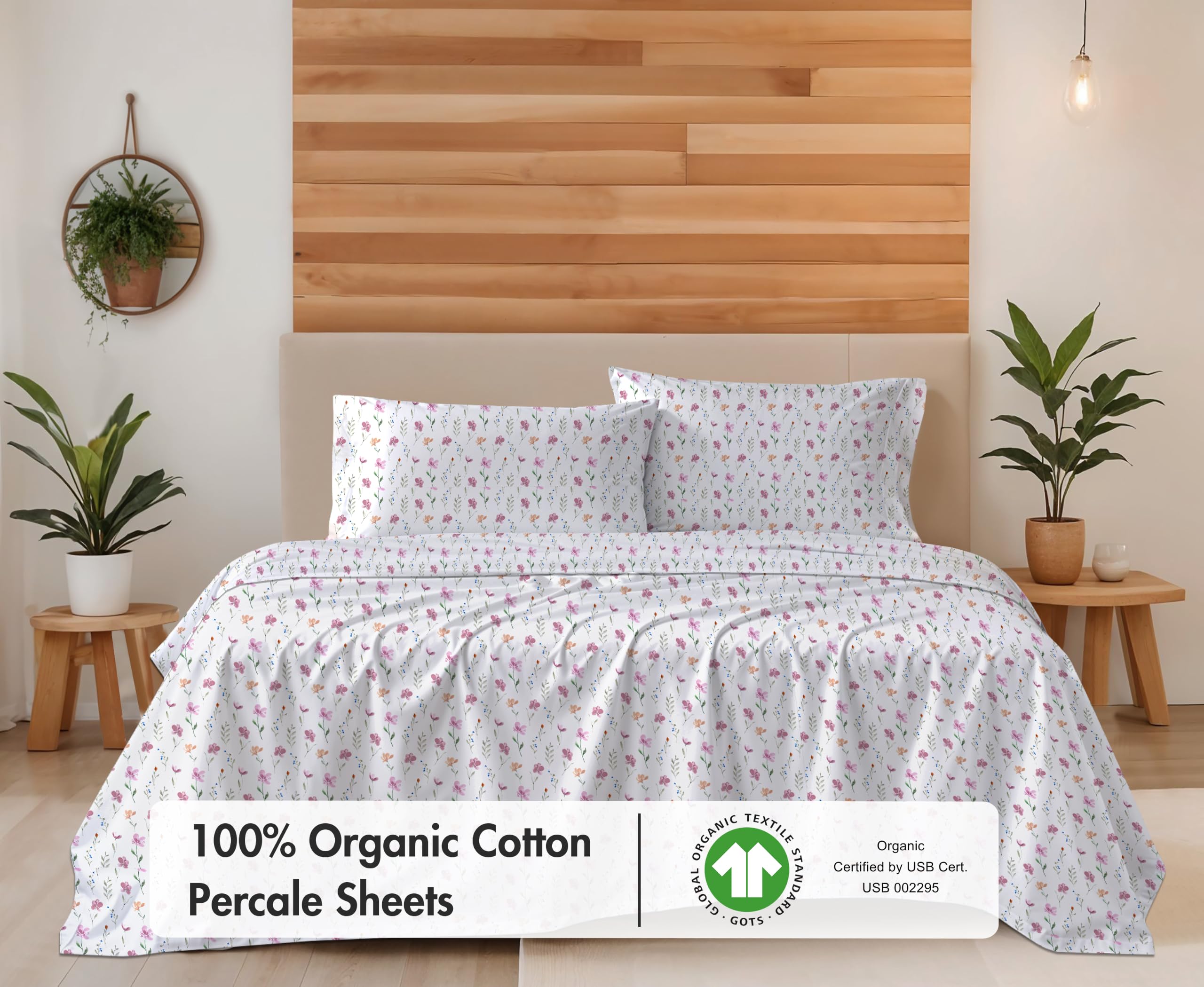 RUVANTI flat sheet fully spread on bed displaying botanical Obsessed Stems design