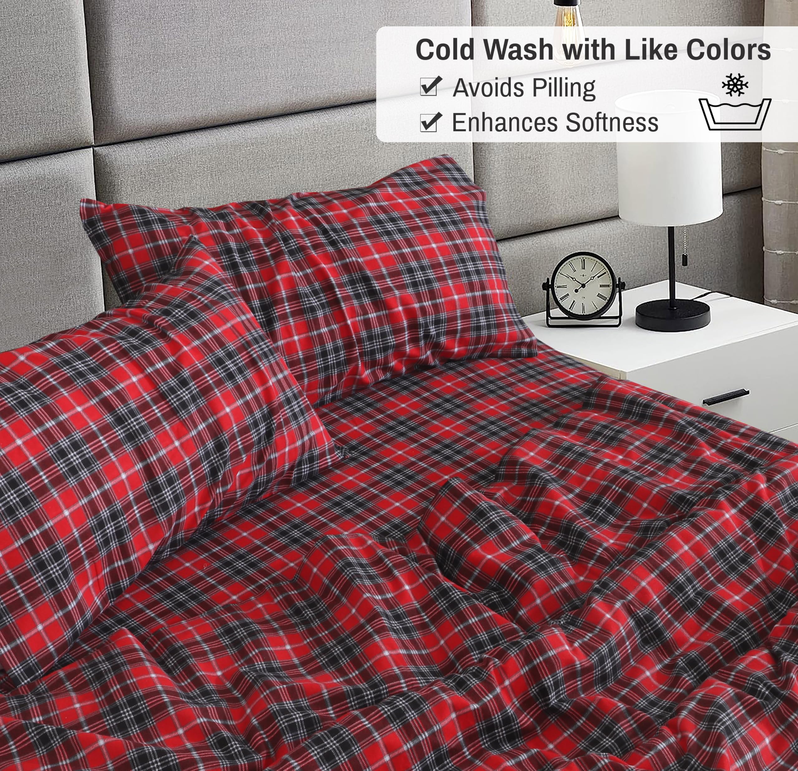 RUVANTI styled bedroom with red plaid sheets showing inviting cozy atmosphere
