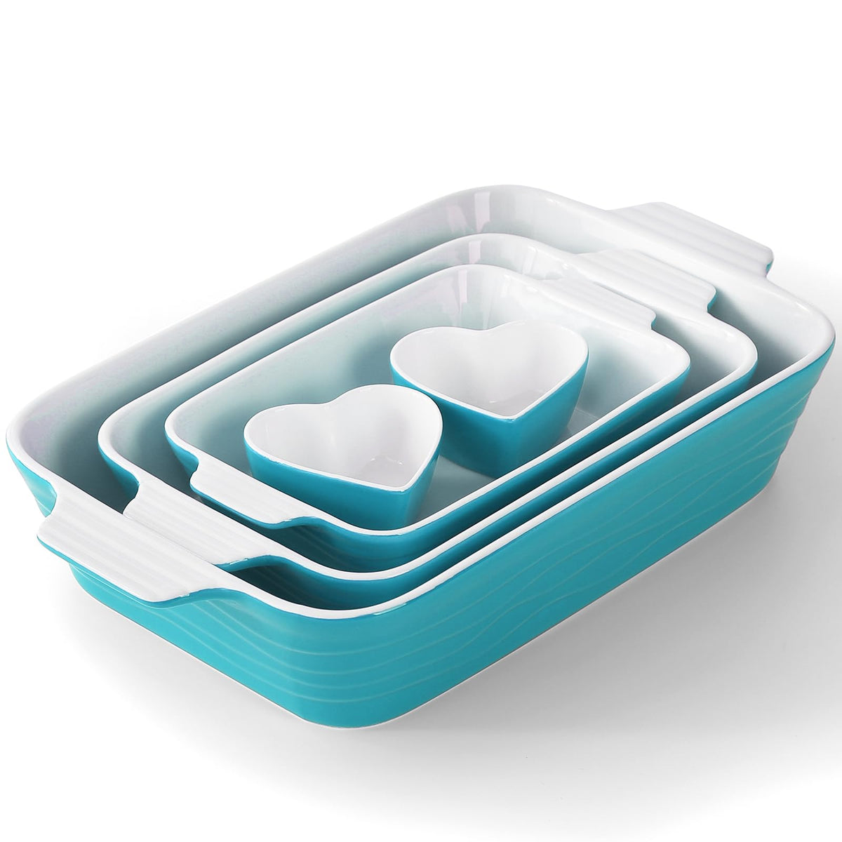 RUYOLIKS front view of turquoise 5-piece set shows elegant serving-ready bakeware
