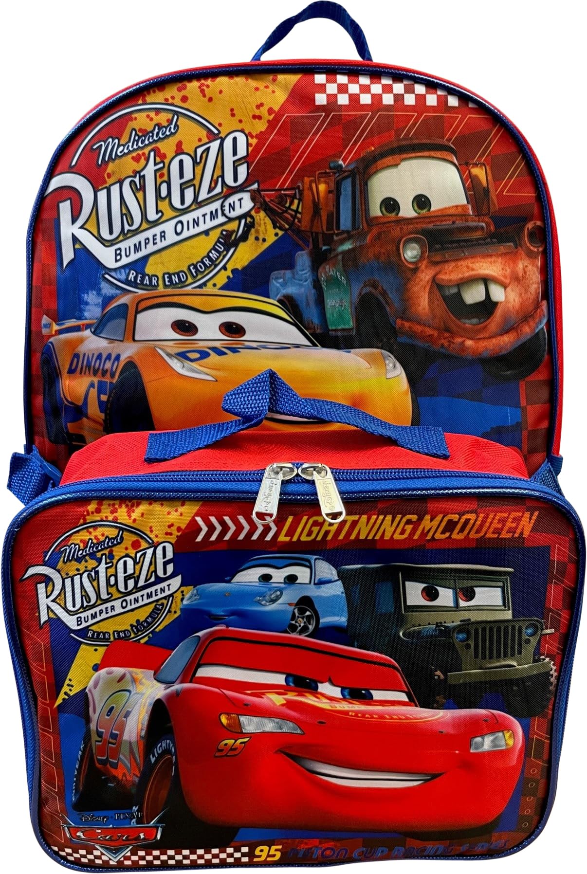 Ruz Cars backpack front view showing durable print and organized storage benefit