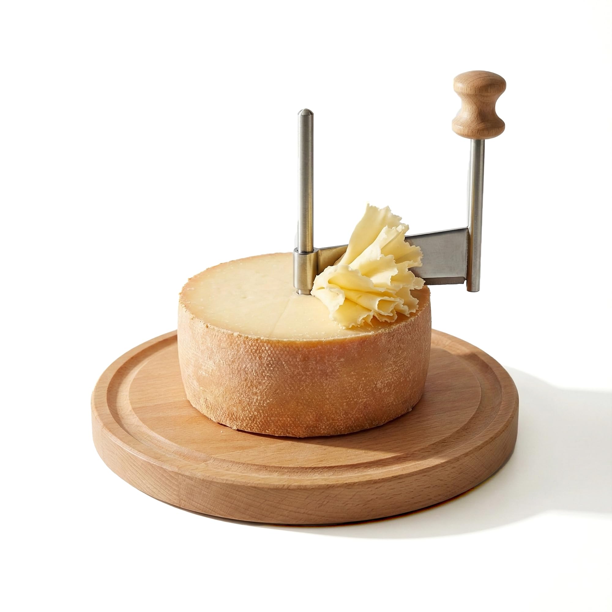 RWIXR cheese curler front view showing stable wood base and blade for elegant serving