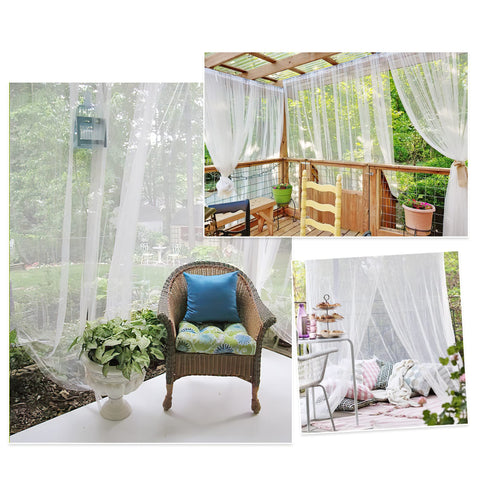 RYB HOME two-panel front view showing ready-made outdoor curtain set and coverage benefits