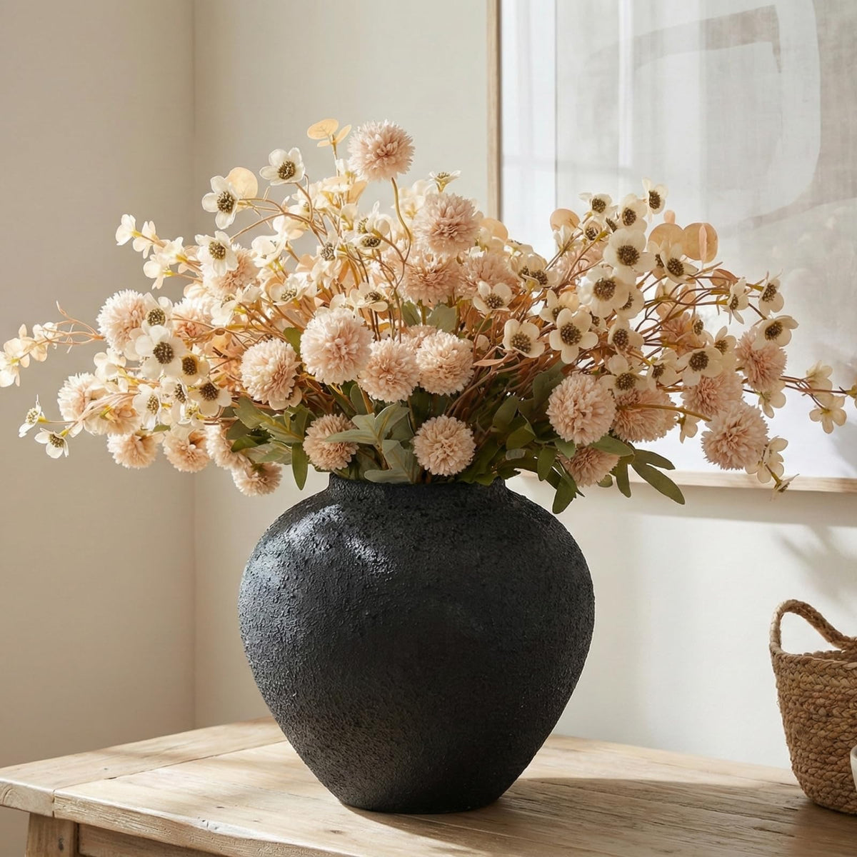 RyddeligHome front view of beige silk flower arrangement for elegant decor