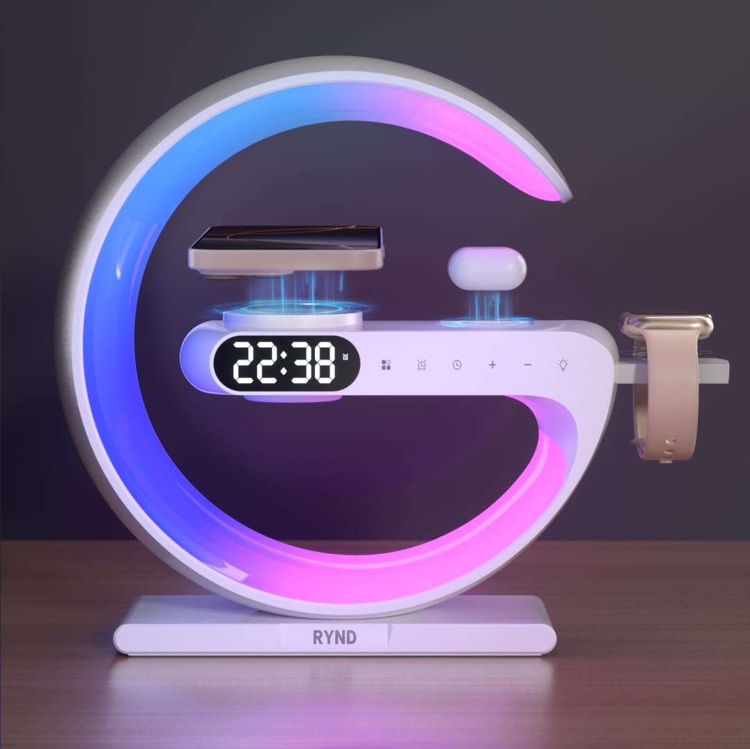 RYND front overview showing speaker alarm clock and wireless charger for organized bedside