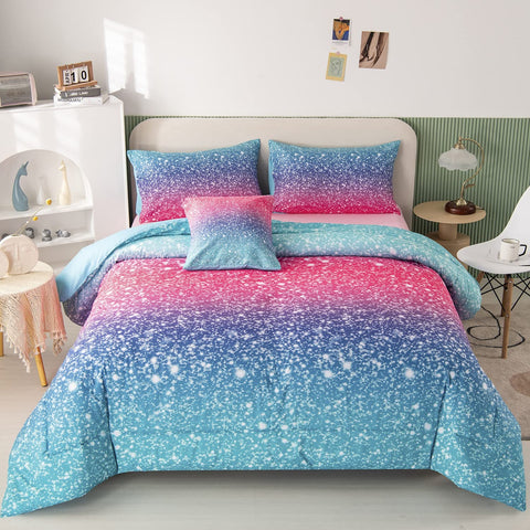 RYNGHIPY front view of comforter set shows colorful rainbow design and coordinated look