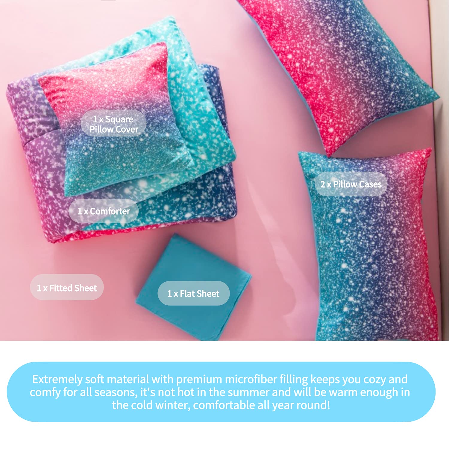 RYNGHIPY fitted and flat sheets folded neatly to show matching colors and fit