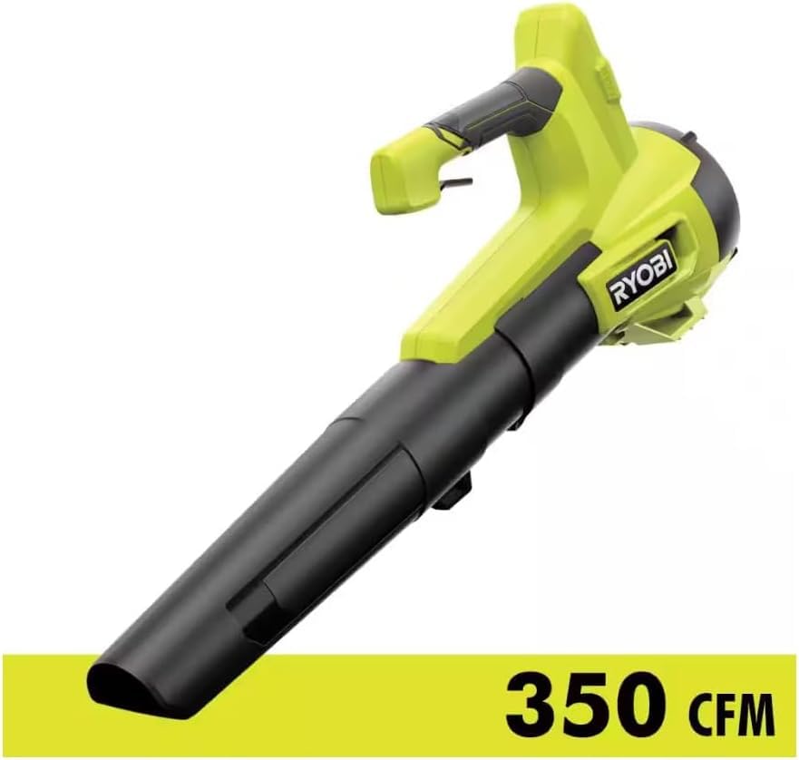 RYOBI blower in use on driveway demonstrating quick cleanup and time savings