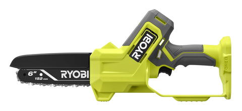 RYOBI mini chainsaw front view showing compact design and easy grip benefit