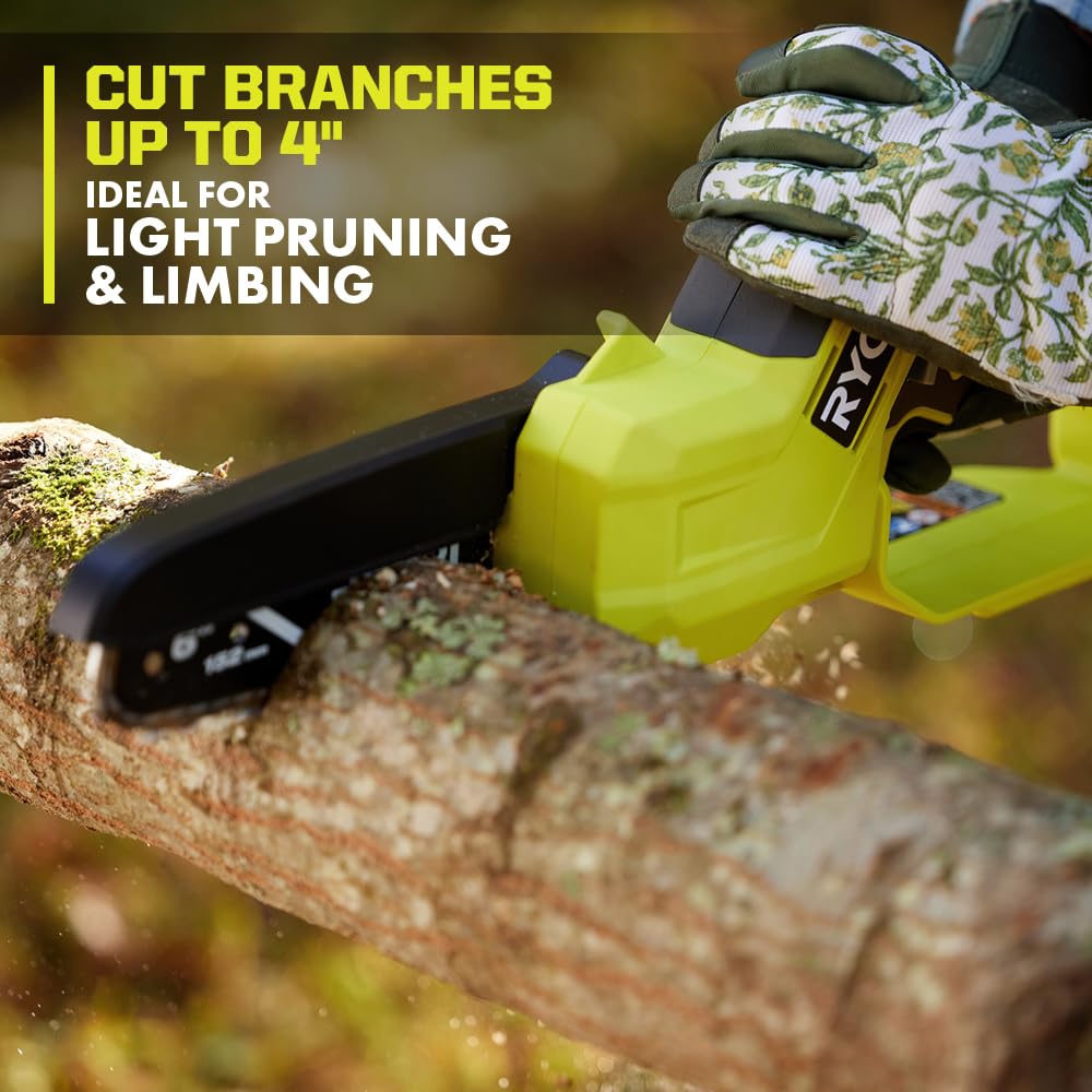 RYOBI chainsaw in use pruning a branch demonstrating quick cordless convenience