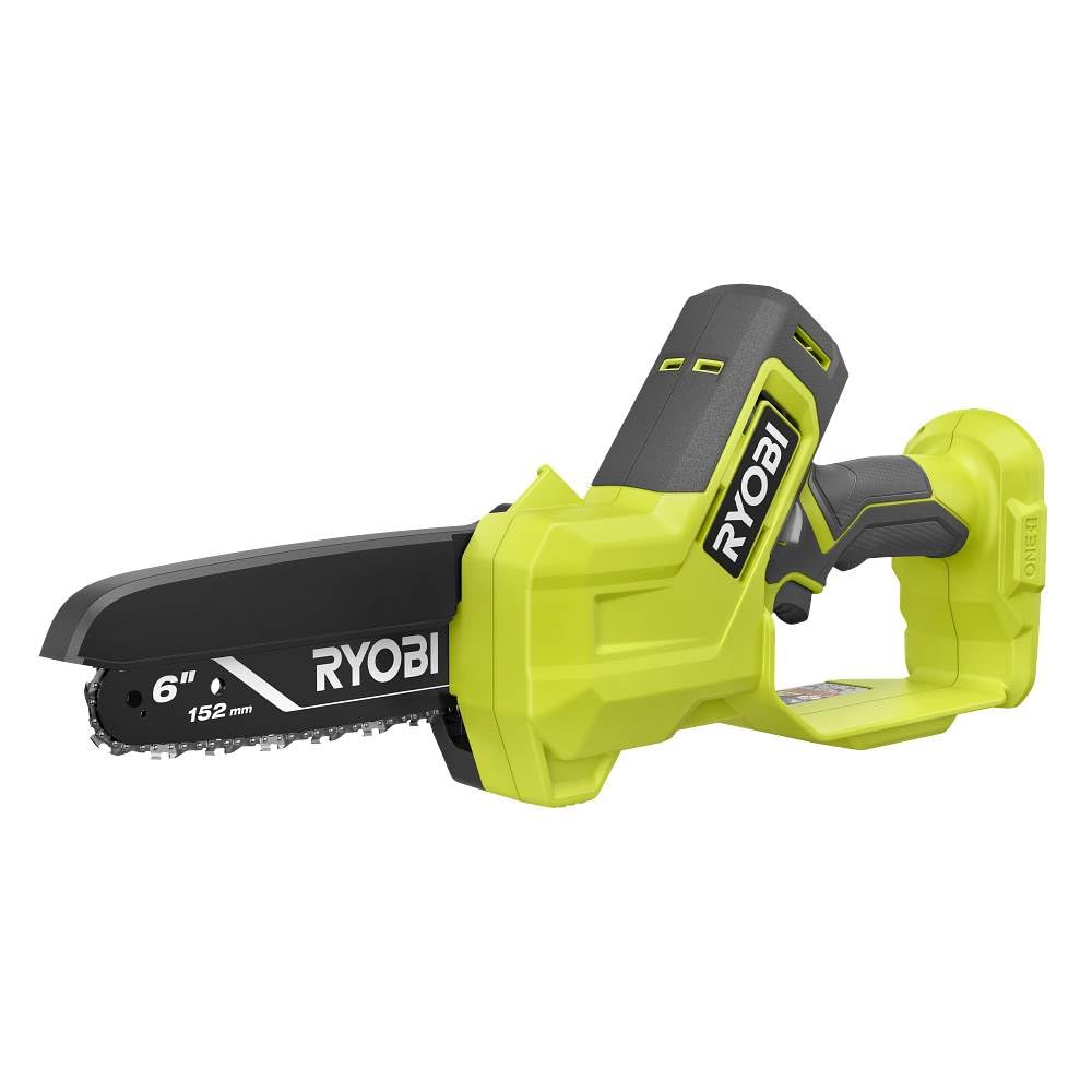 RYOBI chainsaw in a backyard setting showing tidy yard maintenance benefit