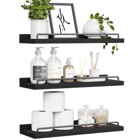 RYOFOBETTO front view of three black floating shelves, enhances wall organization