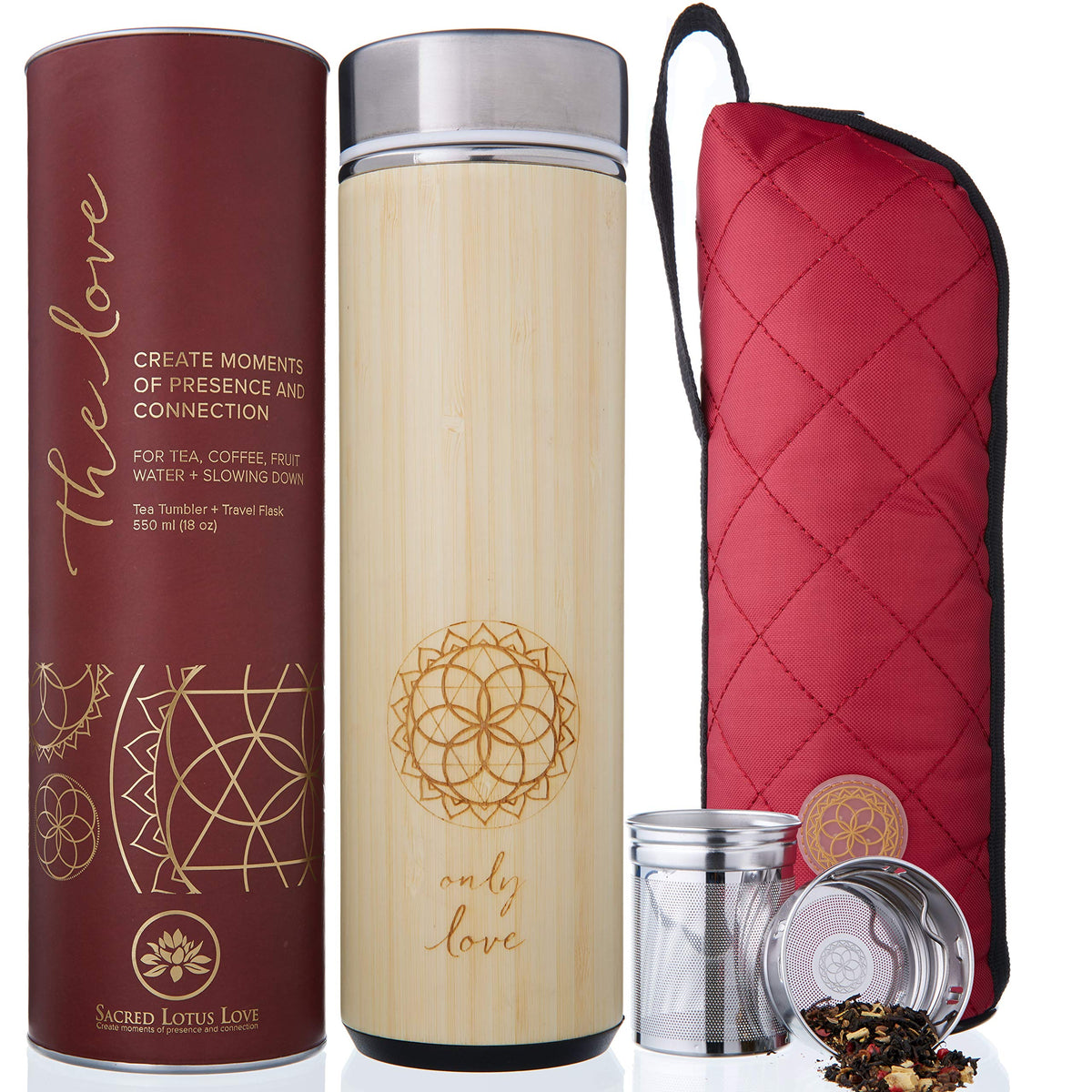 Sacred Lotus Love front view showing bamboo tumbler packaging and elegant finish