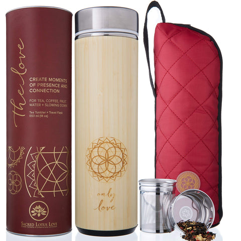 Sacred Lotus Love front view showing bamboo tumbler packaging and elegant finish