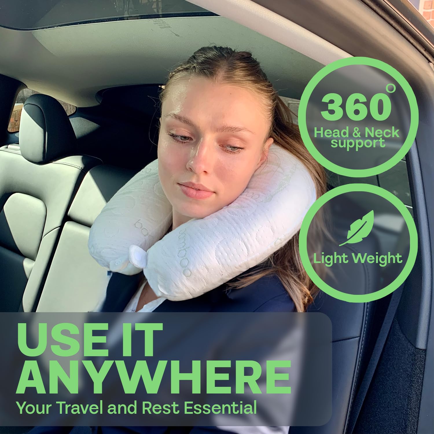 Sacred Thread travel neck pillow in use on airplane seat providing comfortable support