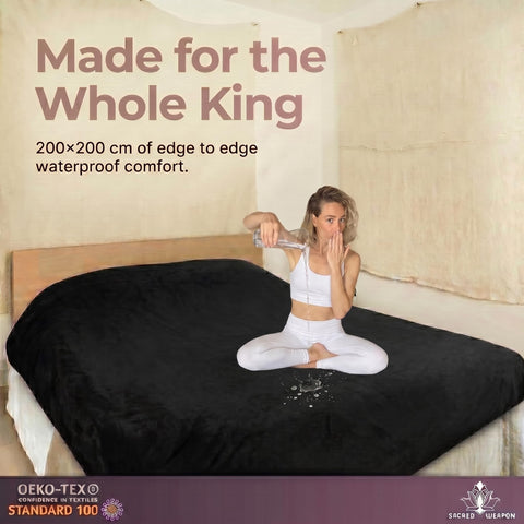 Sacred Weapon on queen bed lifestyle scene offering discreet, comfortable mattress protection