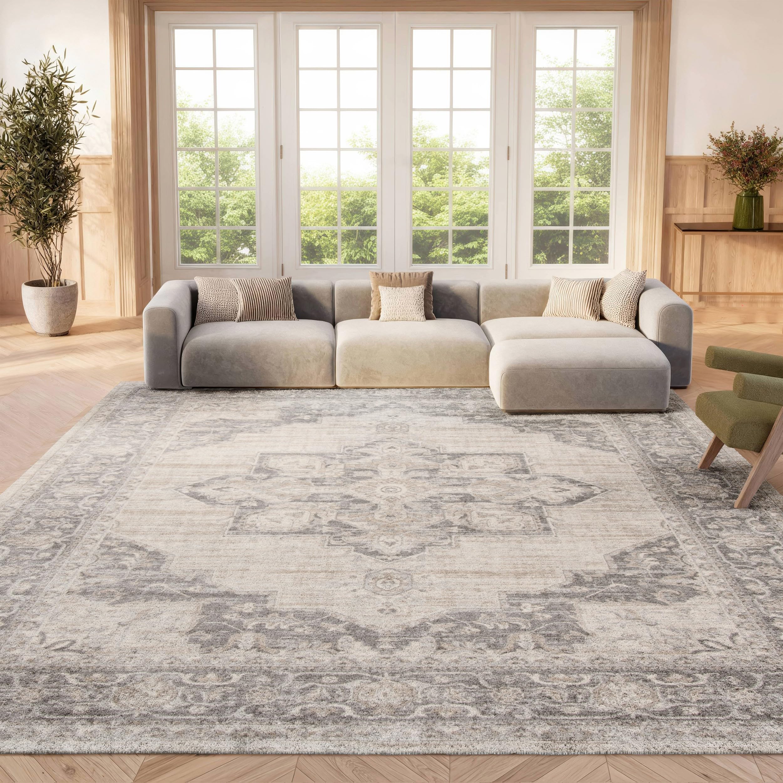 SAFAVIEH front view of Brentwood rug showing cream and grey medallion benefit versatile style