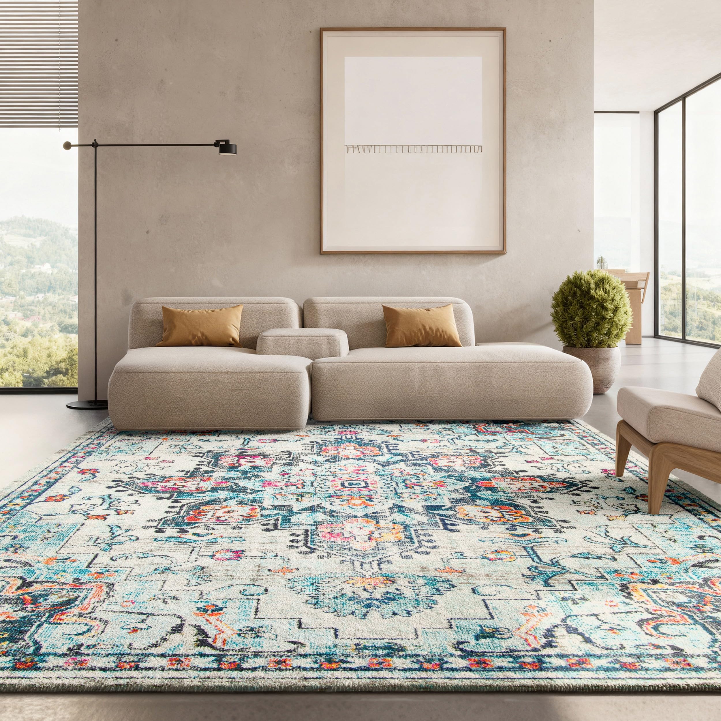 SAFAVIEH front view of cream and blue medallion rug shows style and room anchoring benefit