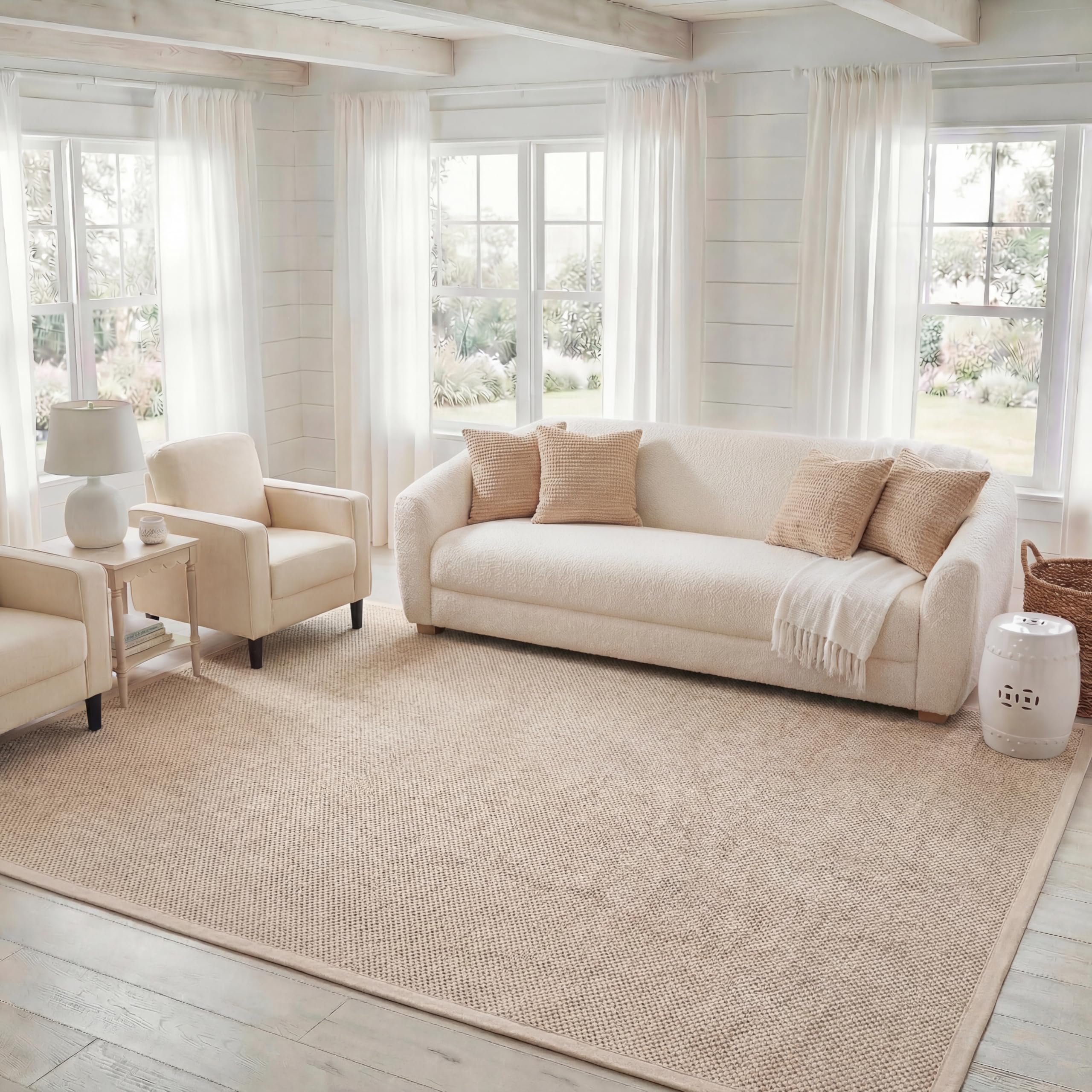 SAFAVIEH front view of 8x10 rug showing marble grey sisal and beige border, adds warmth