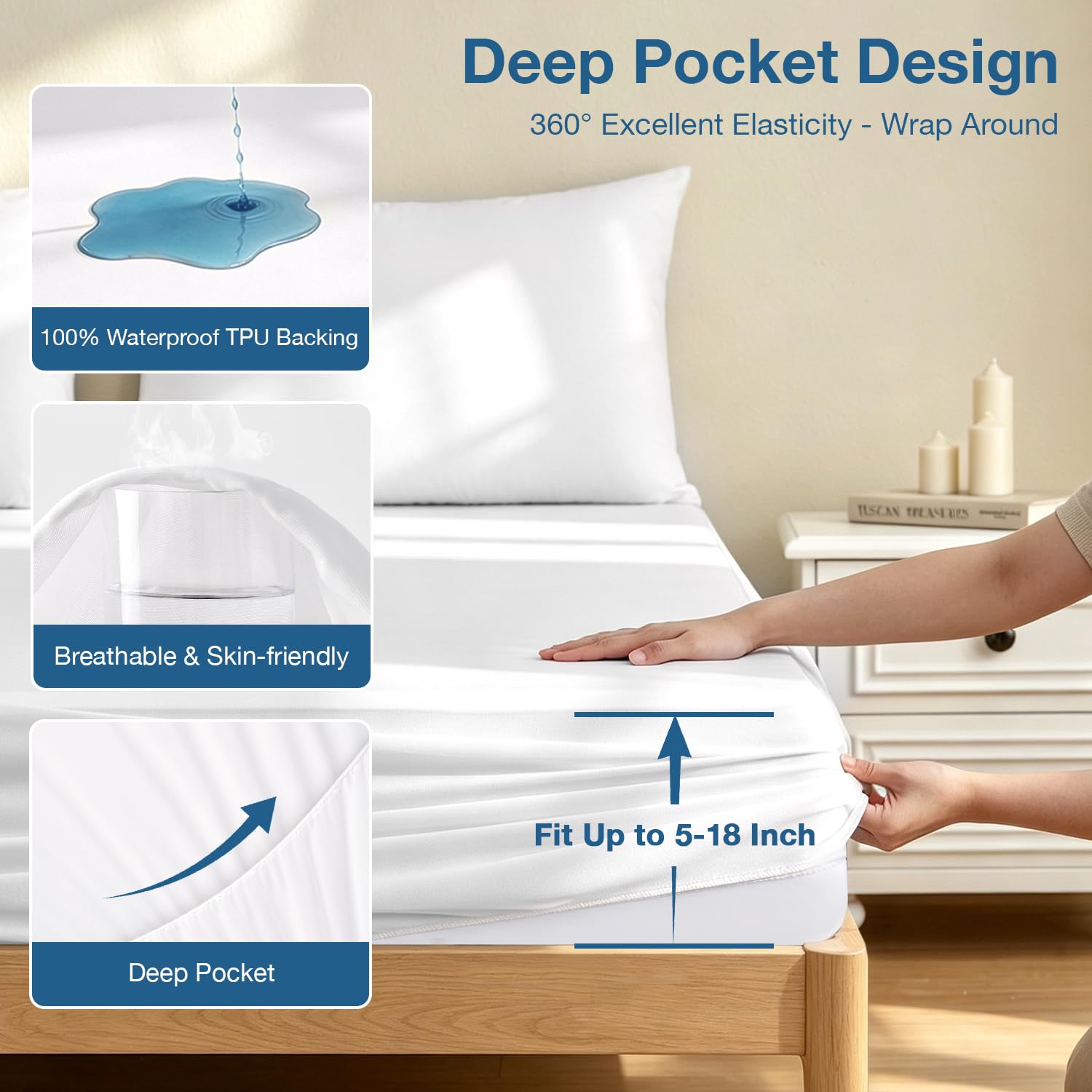 Safe and Sound on made bed in bedroom, keeps mattress pristine and fresh