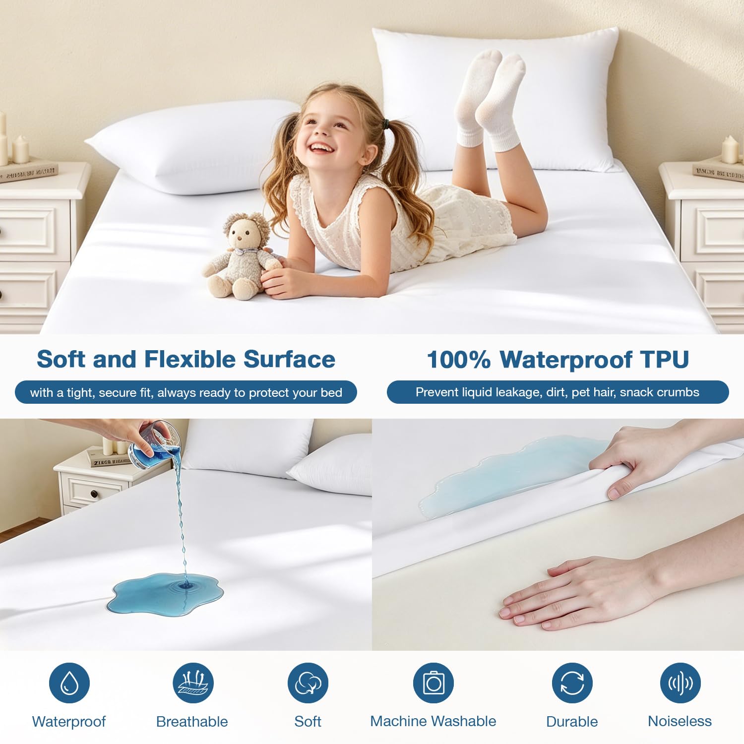 Safe and Sound fitted on mattress demonstrating deep-pocket fit, stays snug