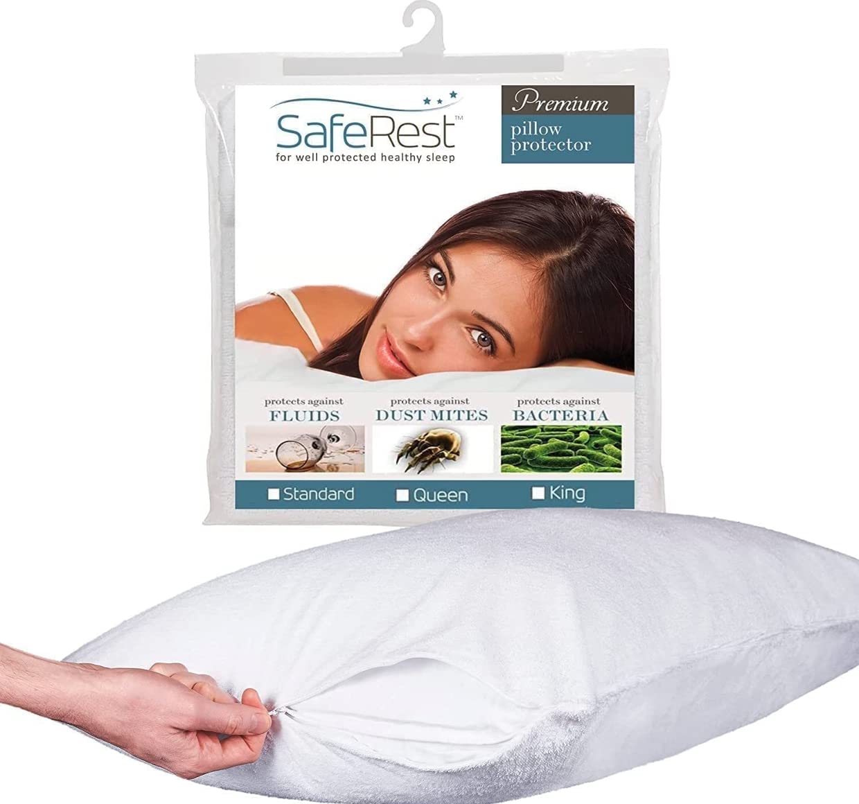 SafeRest front packaging showing pack of two protectors and benefits