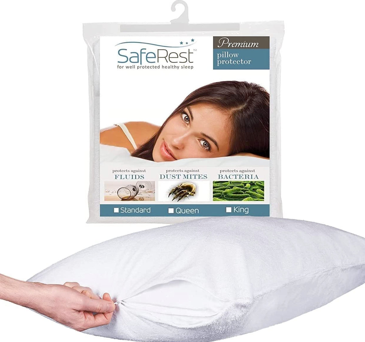 SafeRest front packaging showing pack of two protectors and benefits