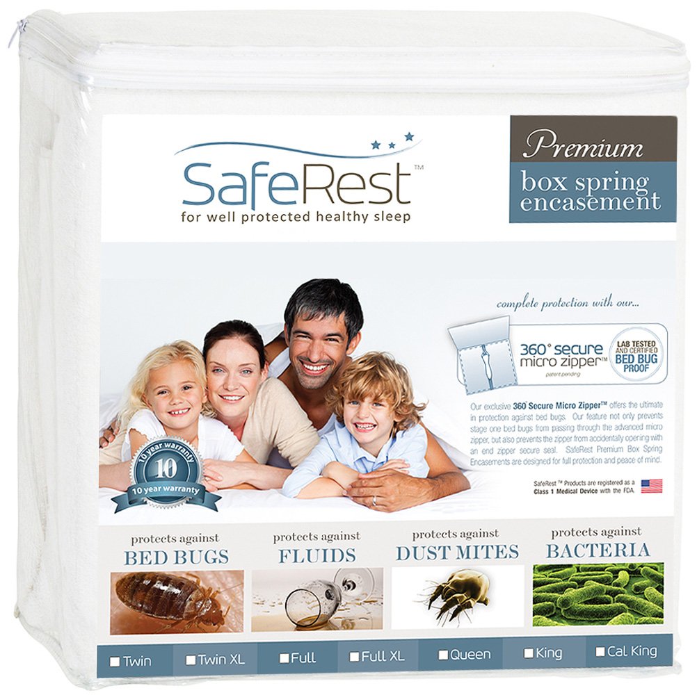 SafeRest front view showing full-coverage encasement protecting a box spring