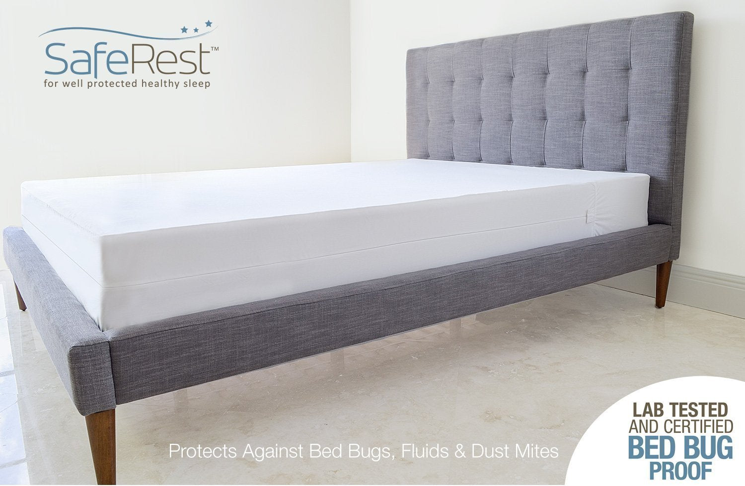 SafeRest fitted on queen box spring demonstrating snug fit up to 9 inches
