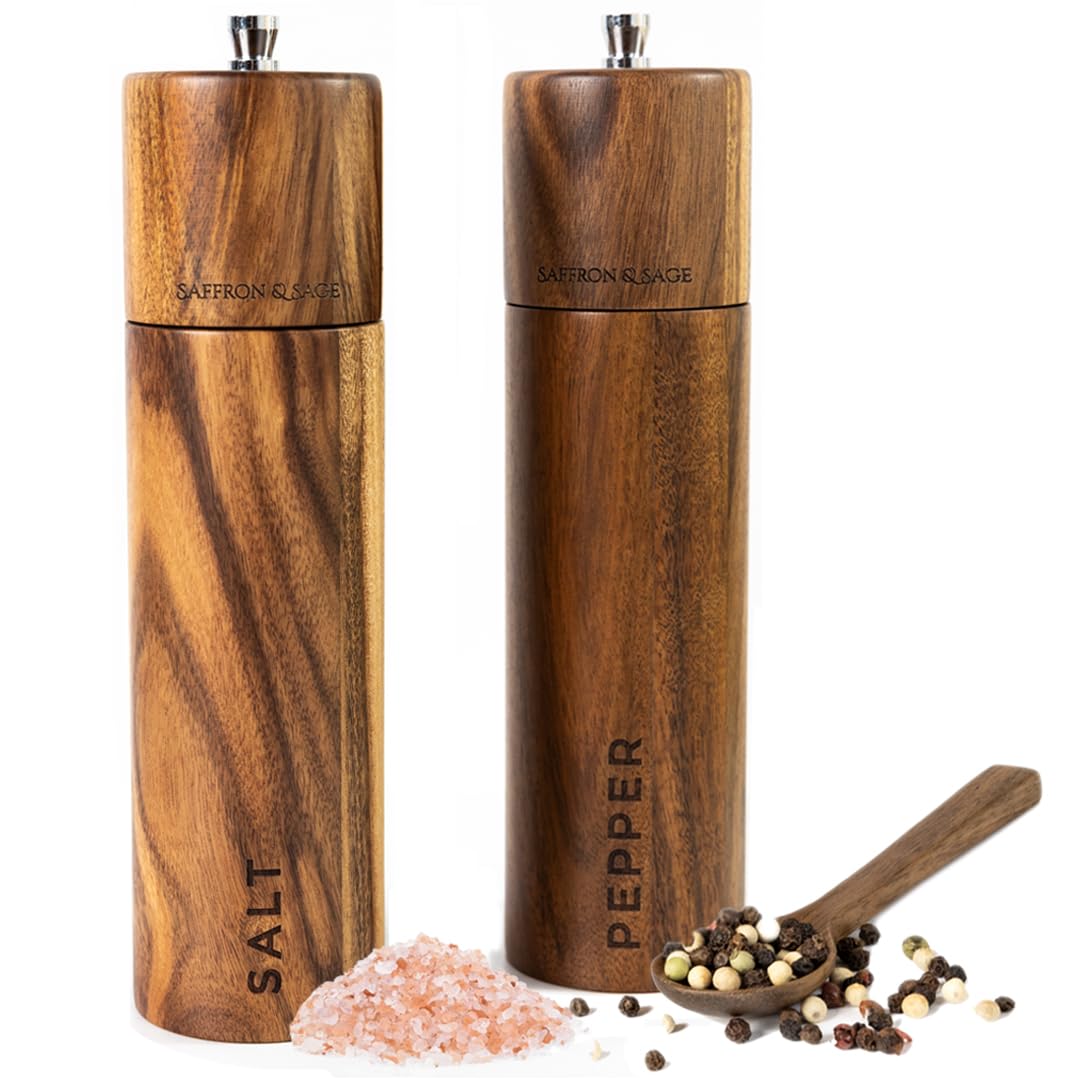 Saffron & Sage front view of two acacia wood grinders showing elegant finish and height