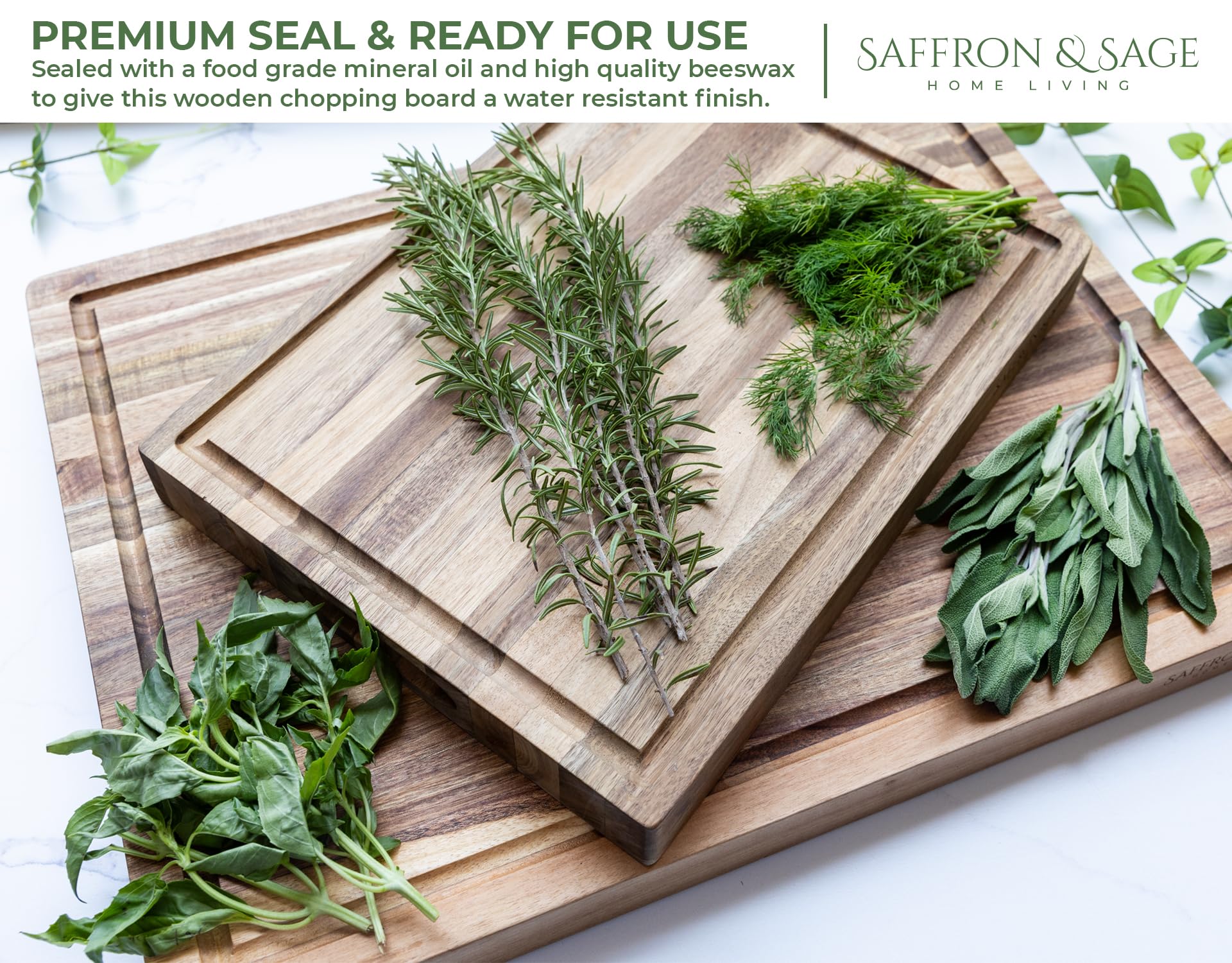 Saffron & Sage board staged with charcuterie showing elegant serving use