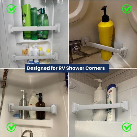 Safoner installed in RV shower holding bottles and preventing shifting during travel