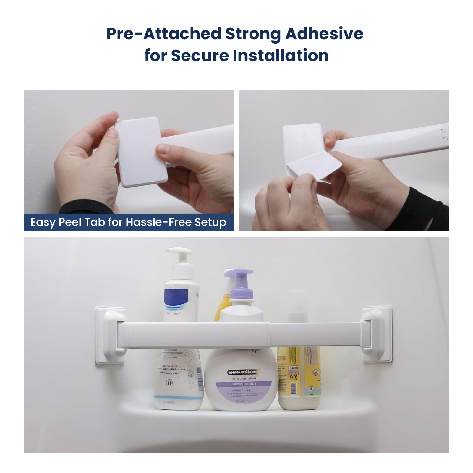 Safoner size comparison with shampoo bottles to show adjustable 10 to 15.5 inch length