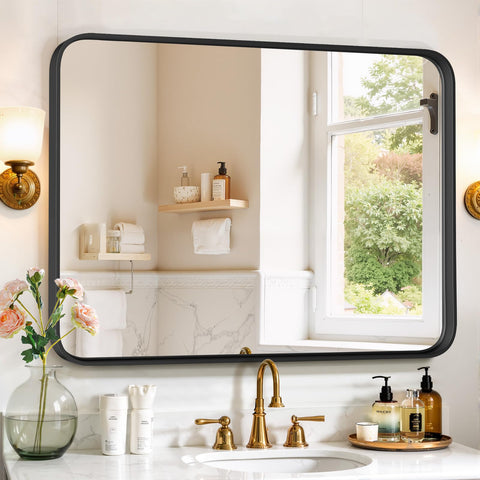 SageNest black metal framed mirror front view showing sleek modern design and clarity
