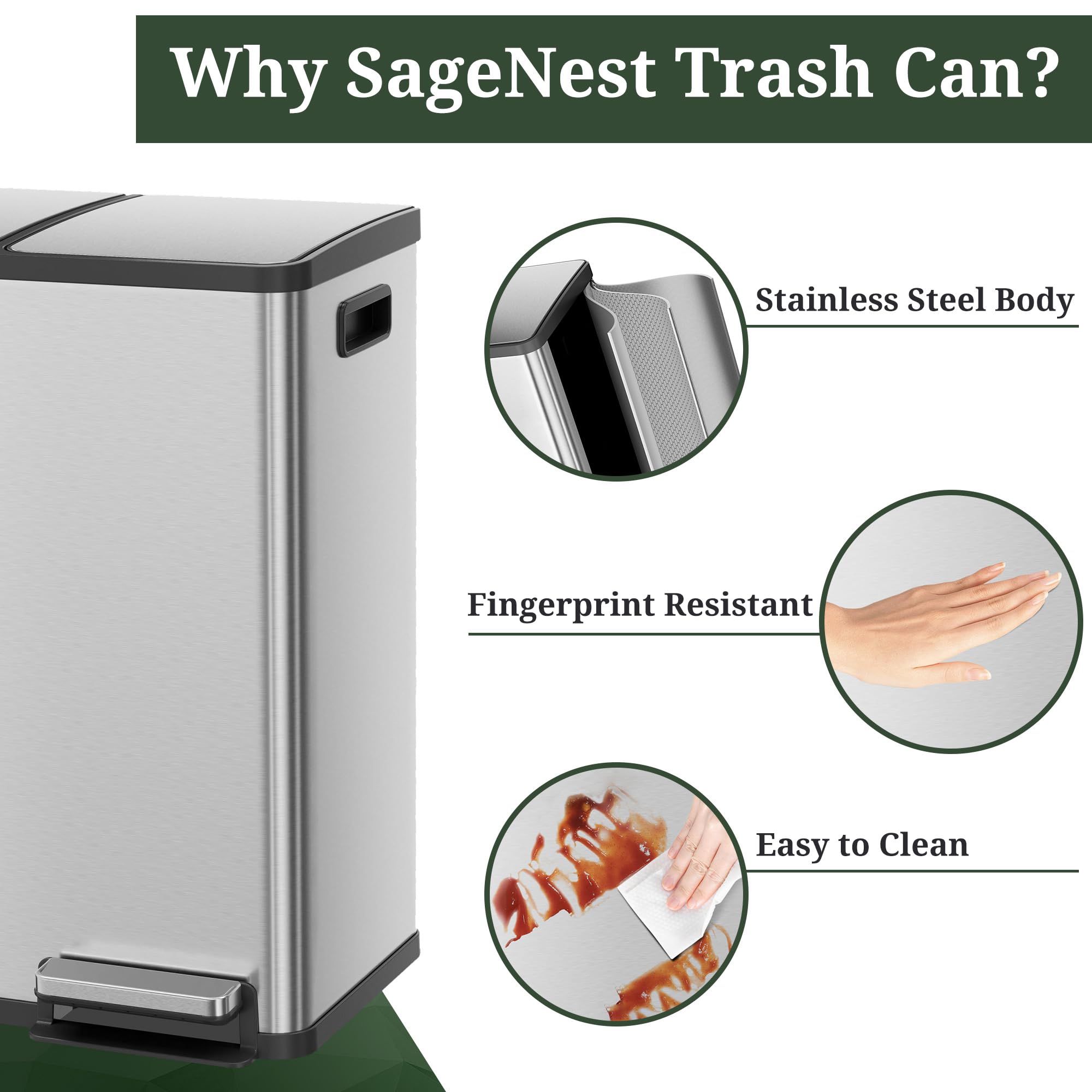 SageNest open lid with foot pedal demonstrating hands-free operation and quiet use