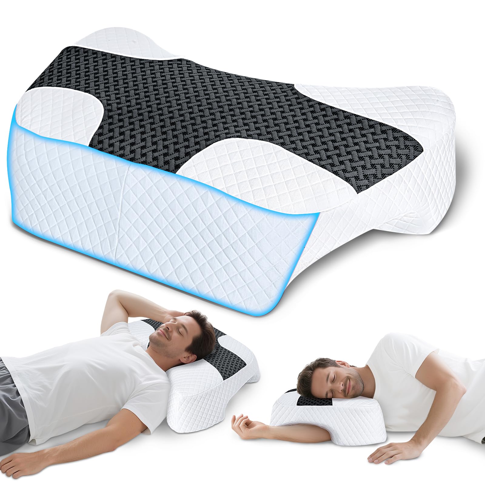 SAHEYER front view of pillow showing arm tunnels and shoulder support benefit
