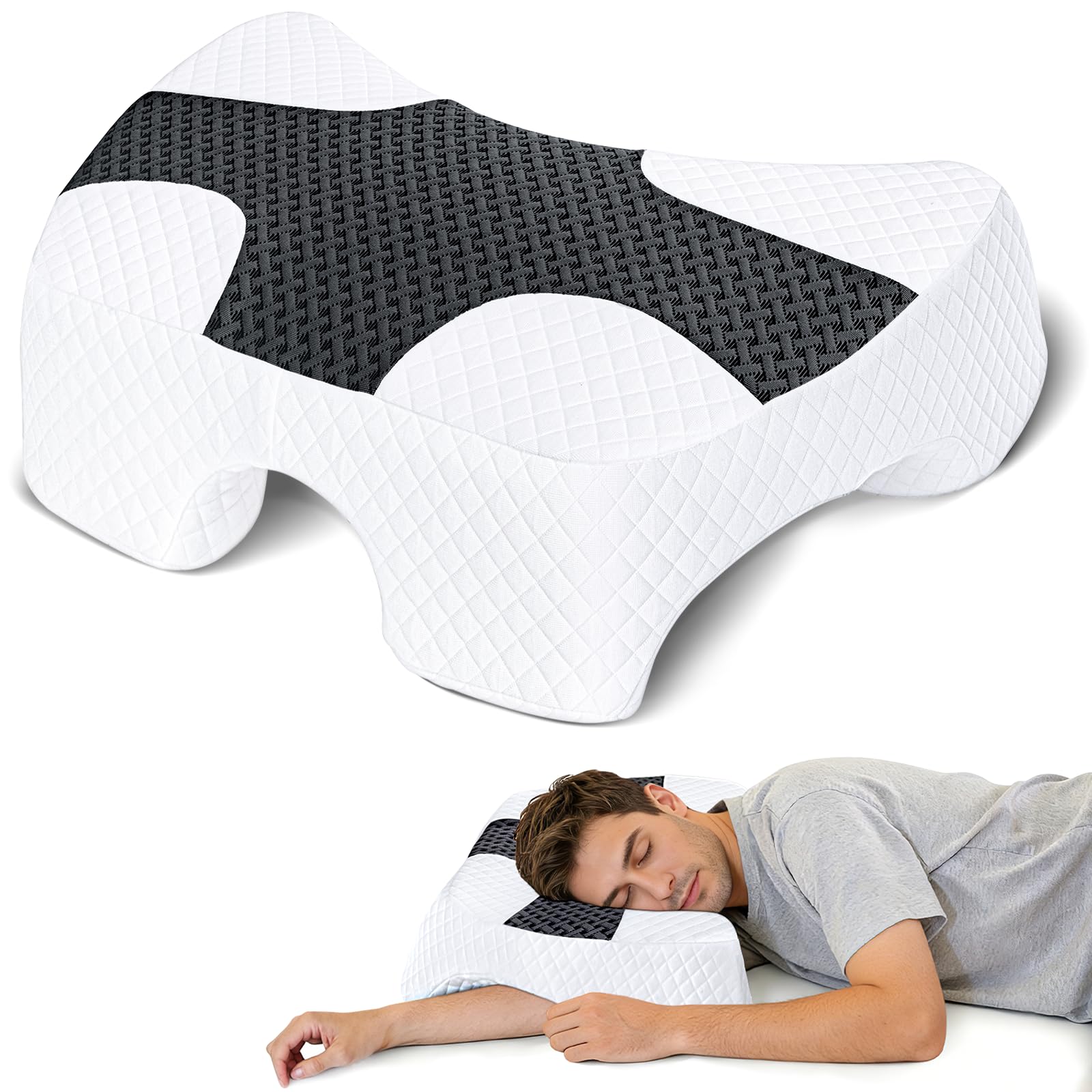SAHEYER front view of side sleeper pillow showing ergonomic shape and benefit of shoulder support
