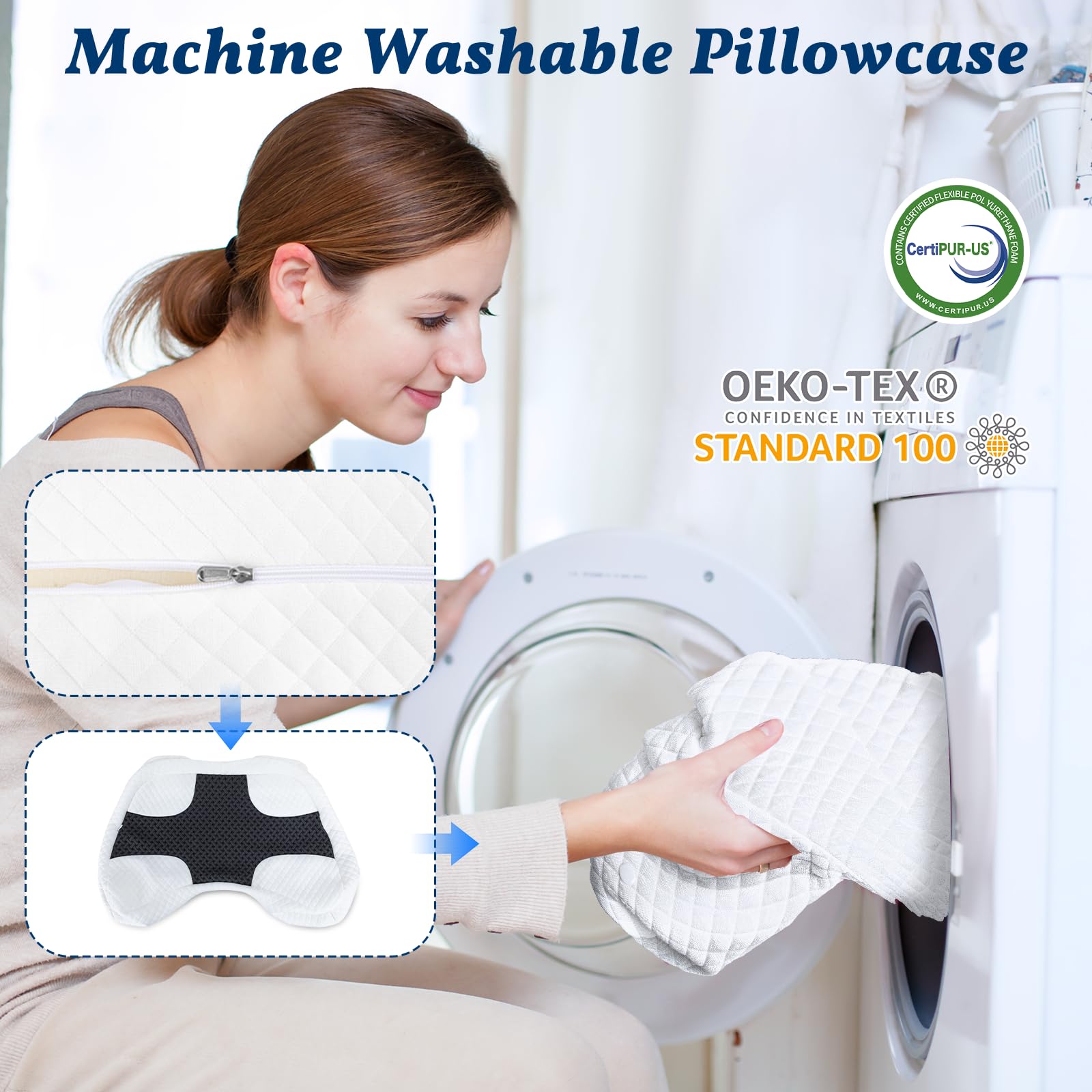 SAHEYER pillow next to hand to show scale and portability benefit