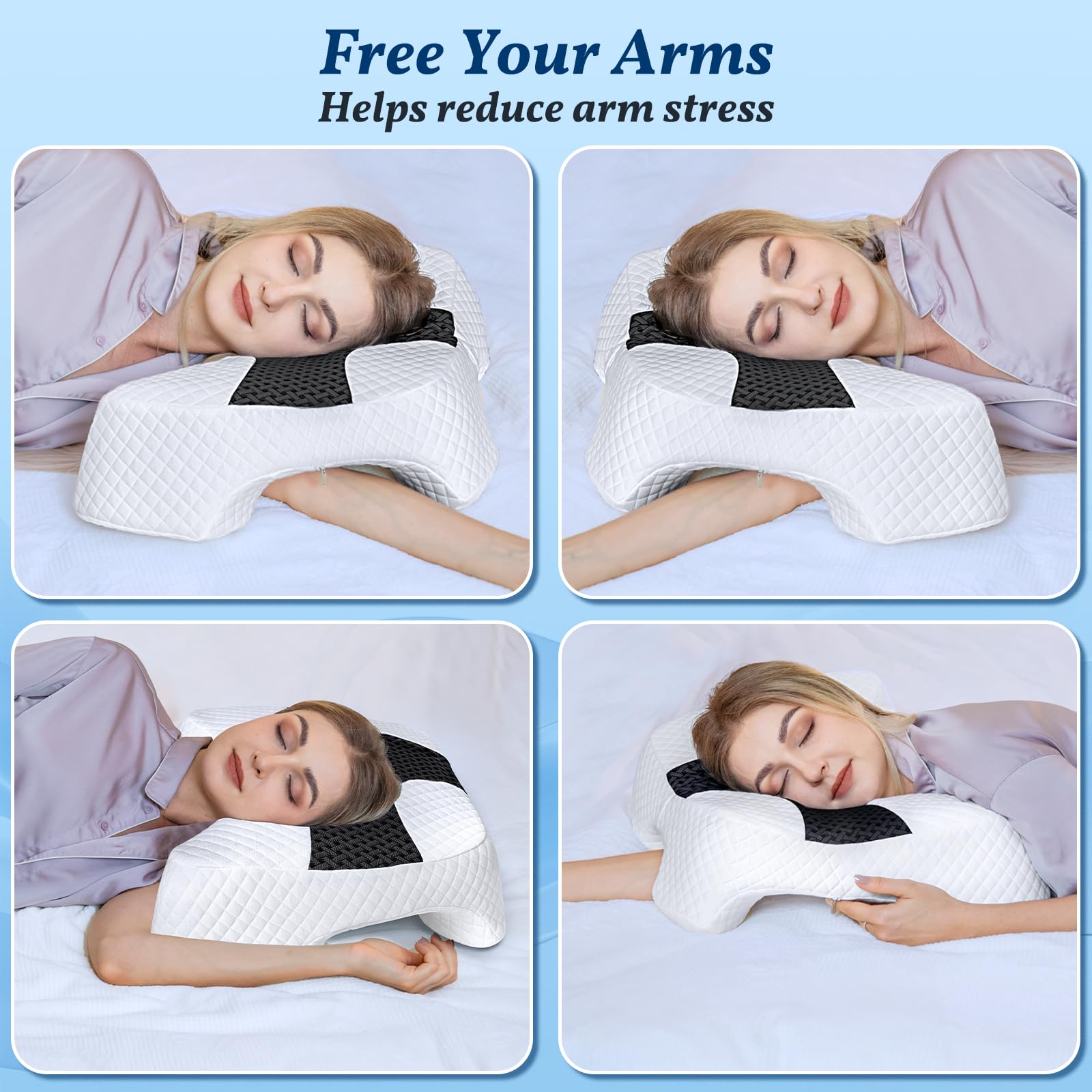 SAHEYER side-sleeper using pillow demonstrating improved arm positioning and comfort benefit