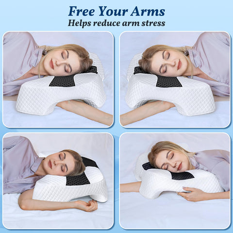 SAHEYER side-sleeper using pillow demonstrating improved arm positioning and comfort benefit